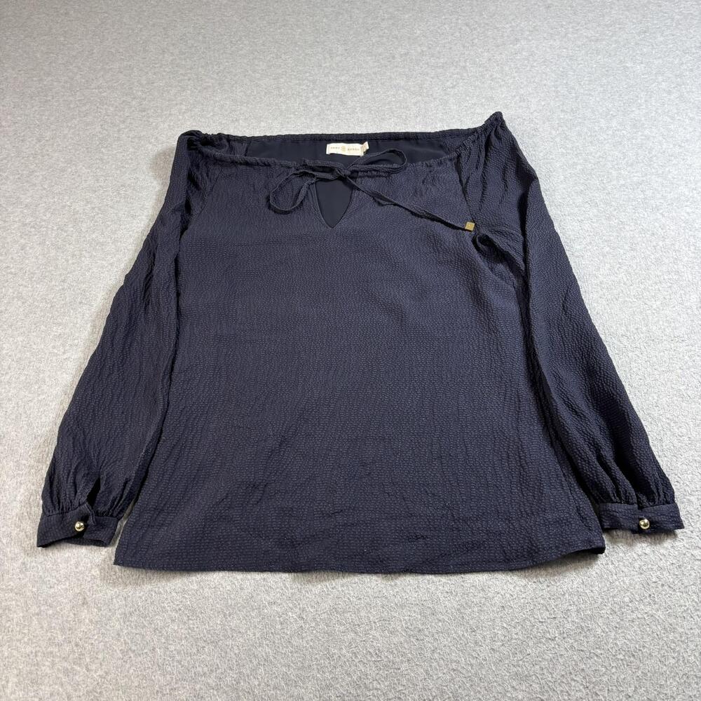 Tory Burch Silk Shirt Womens 4 Navy Tie Textured Peasant Coastal Boho Lightweigh